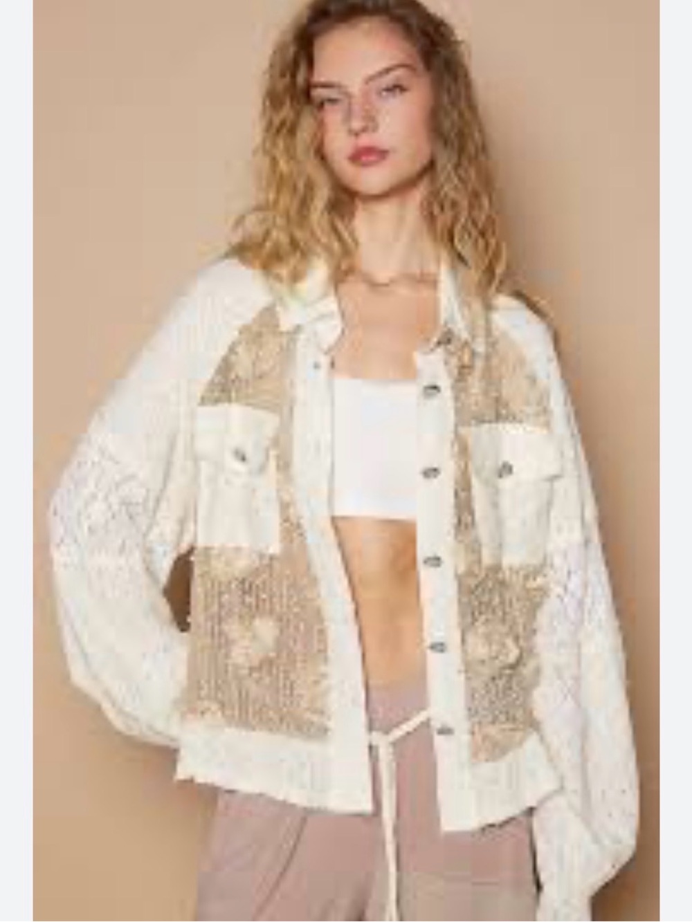 POL eyelet cream bohemian pearl shacket top button shirt m medium women’s